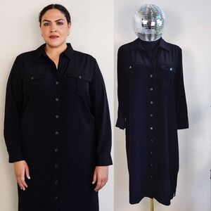 White House Black Market Silk Shirt Dress, Size 12, Black